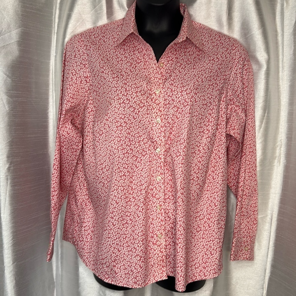 Lands’ End Women’s 20W Pink White Floral Microprint No Iron Pinpoint Oxford Top
